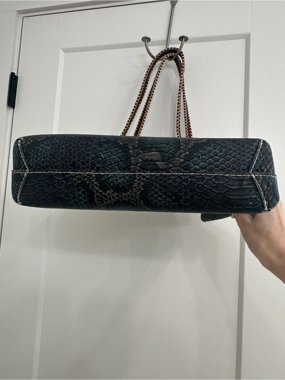 Consuela Teal Snake-Print Tote with Brown Handles - Picture 8 of 9